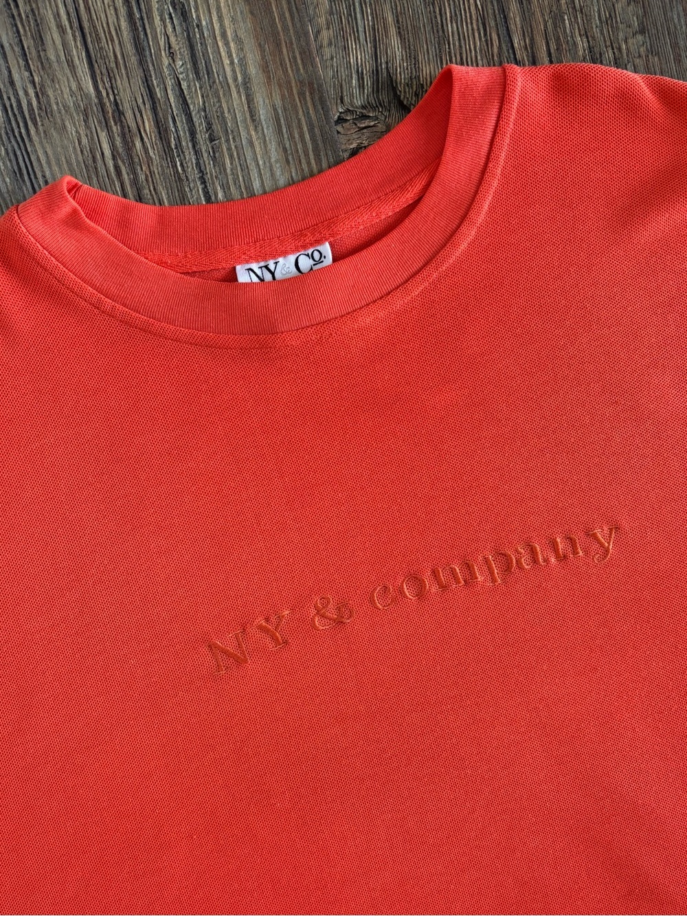 90s New York & Co. Oversized Pique Knit S/S T-Shirt XL Orange Embroidered Logo - Picture 7 of 9